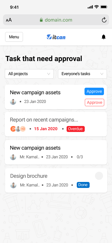 An screenshot of an project management software dashboard which says task that need approval